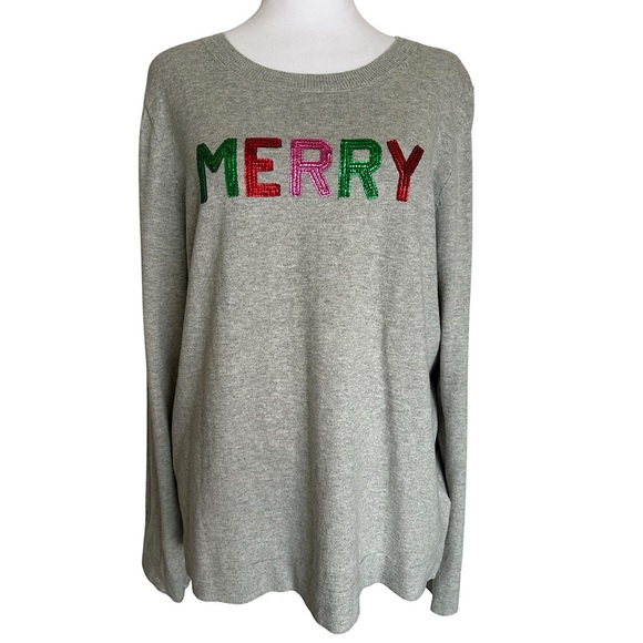 NWT J. Crew Women’s Sweater  Heather Gray Merry Christmas Holiday Crewneck Sz XL - Picture 1 of 13